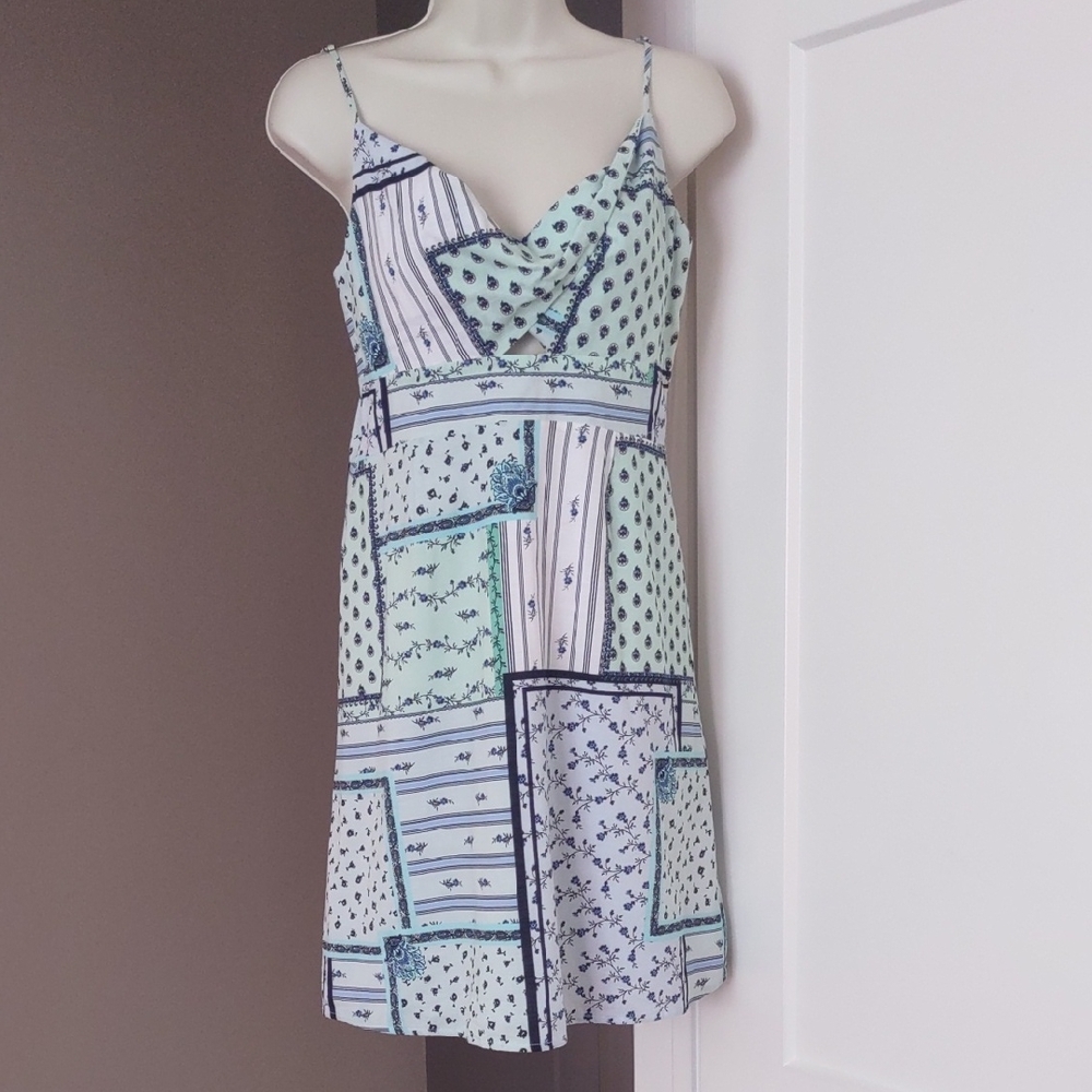 LOFT Mint and Navy Smocked Spahgetti Strap Dress with Front Peephole - Size 6